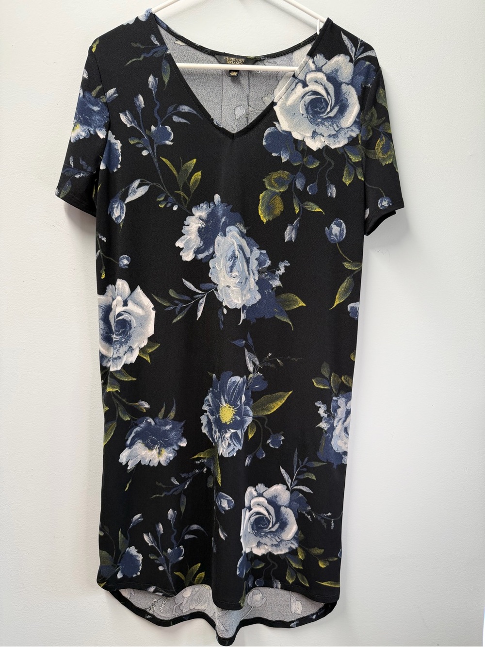 Christian Siriano Black Blue Rose Floral V-Neck Shift Dress